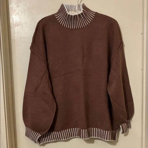 NWT Brown Sweater with white Striped Collar Felled Seams Oversized Medium - Picture 1 of 8